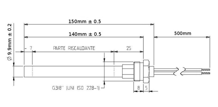 Bougie d'allumage diametre: 9,9 mm.Longueur totale: 150 mm.Longueur sous écrou: 140 mm Puissance: 300 Watt.