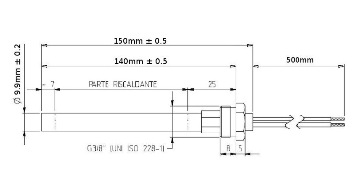 Bougie d'allumage Diamètre: 9,9 mm.Longueur totale: 150 mm.Longueur sous écrou: 140 mm.Puissance: 250 Watt.