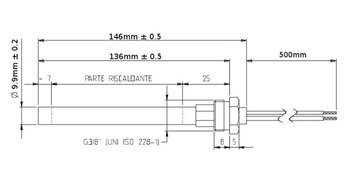 Bougie d'allumage Diamètre: 9,9 mm.Longueur: 146 mm.Longueur sous écrou 136 mm.Puissance: 250 Watt.